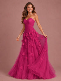 Blush Pink Strapless Sweetheart 3D Floral Tulle Ball Gown Prom Dres