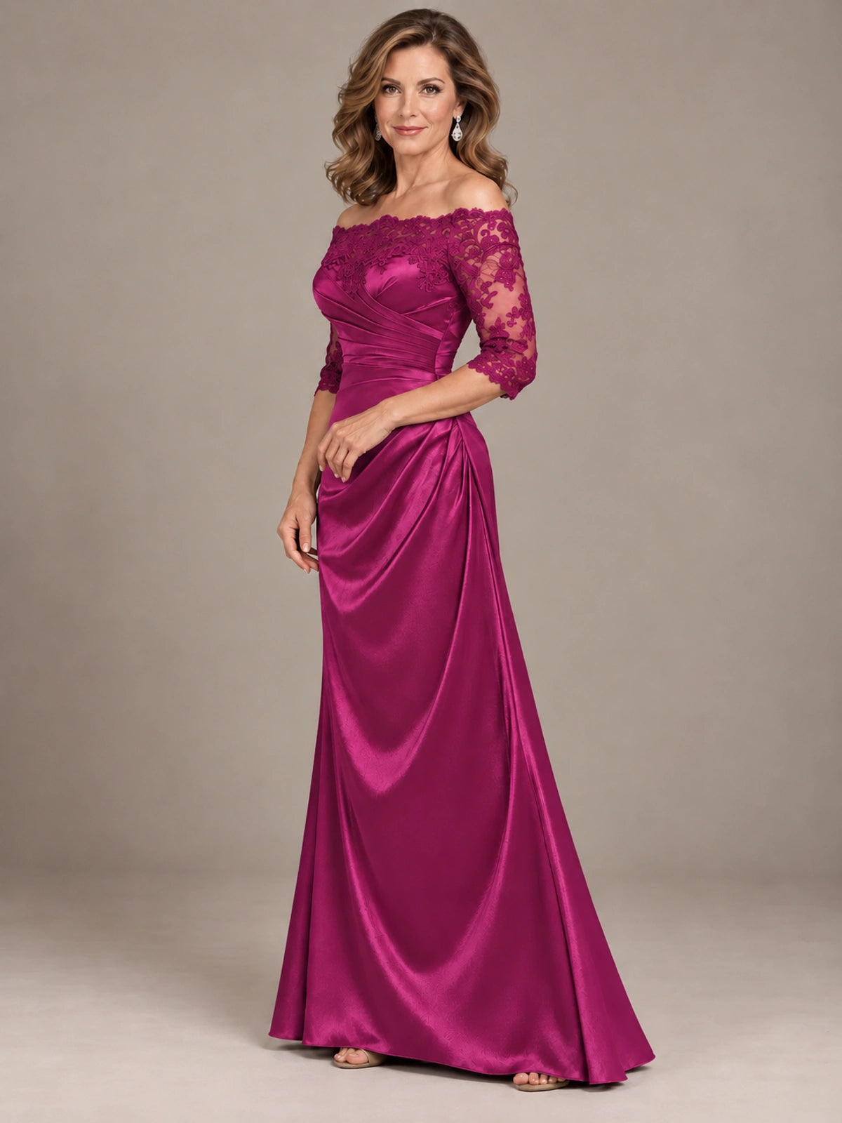 Satin Mother of the Bride Dress with Lace Sleeves Off Shoulder Formal Gown