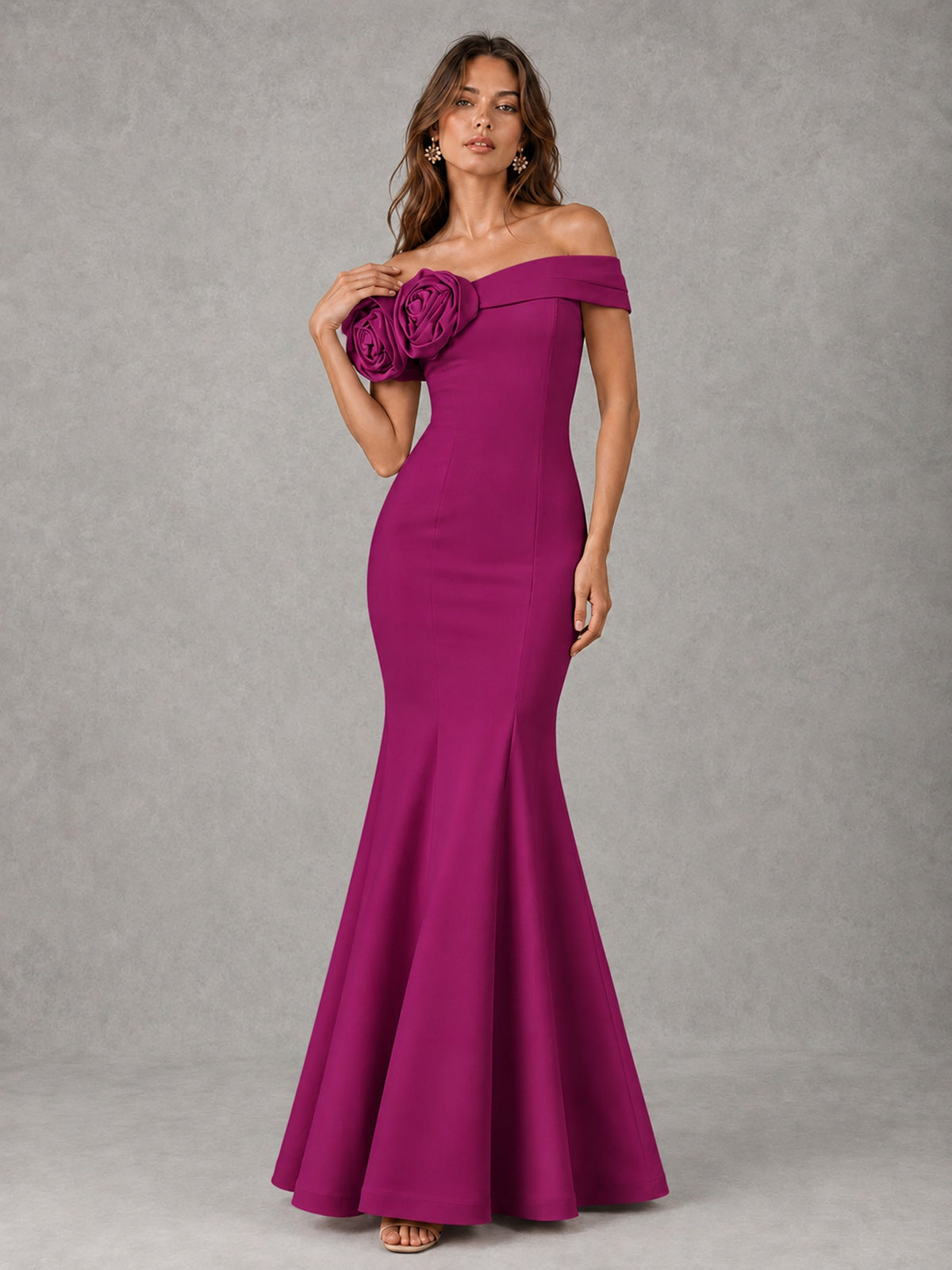 Blush Pink Off Shoulder Mermaid Bridesmaid Dress with Floral Rosette