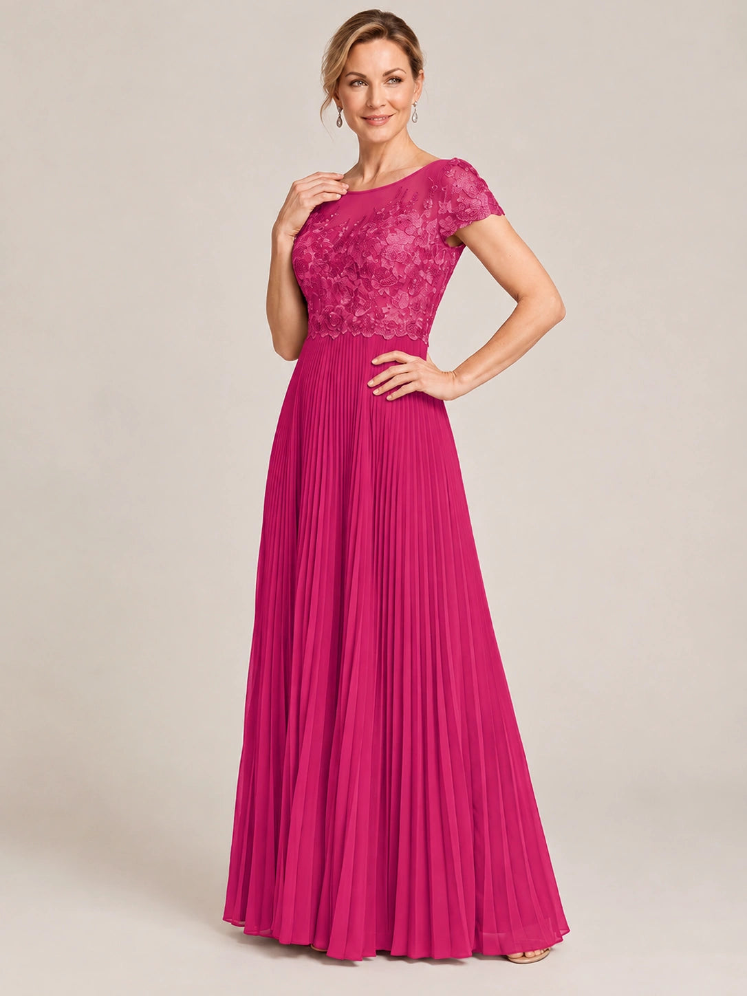Embroidered Lace Pleated Mother of the Bride Dress