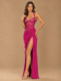 Sweetheart Halter Prom Dress Pleated Lace Floral Formal Dress with Slit