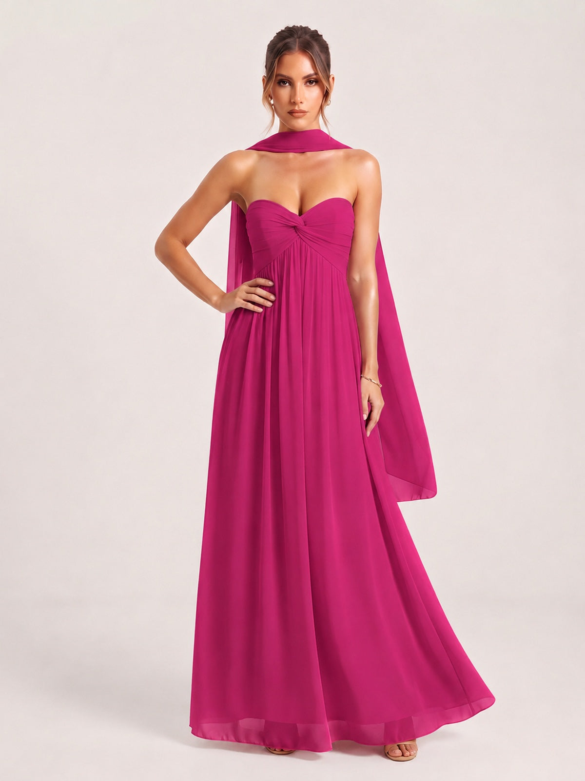 Strapless Ruched Chiffon Long Prom Dress with Scarf