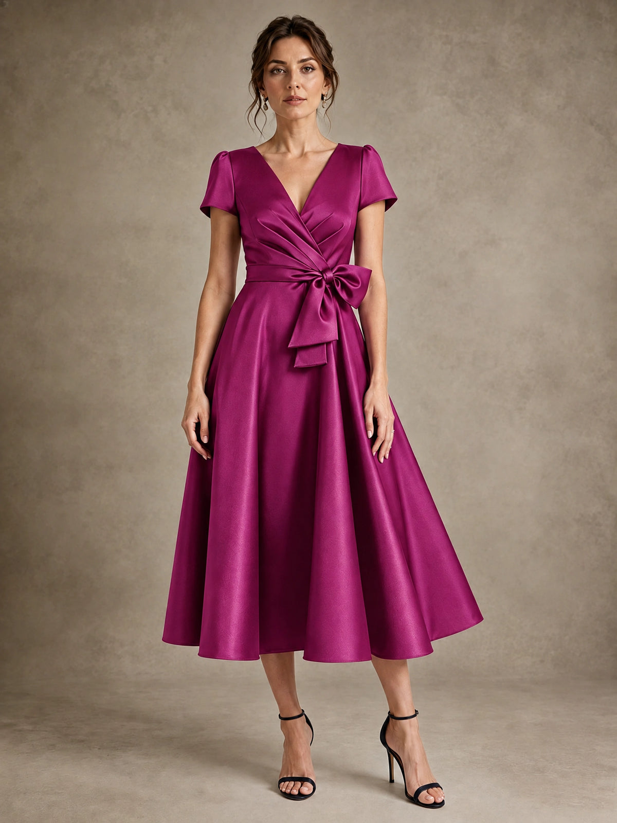 Fuchsia V-Neck Tea-Length Satin Mother of the Bride Dress with Bow Jovellee