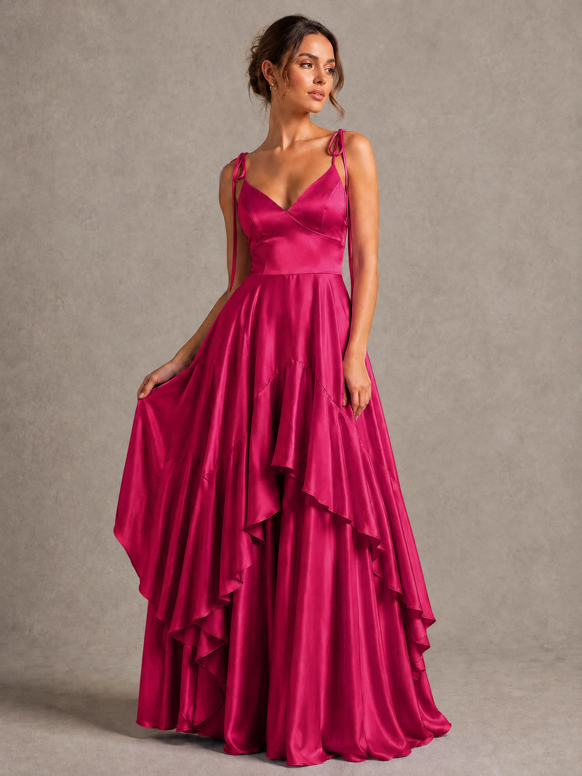Lavender Satin V-Neck Ruffle Maxi Dress