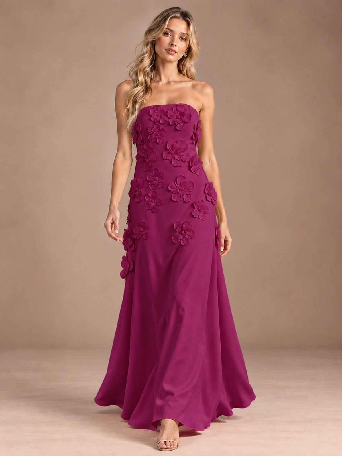 Yellow Strapless A-line Satin Maxi Dress with 3D Floral