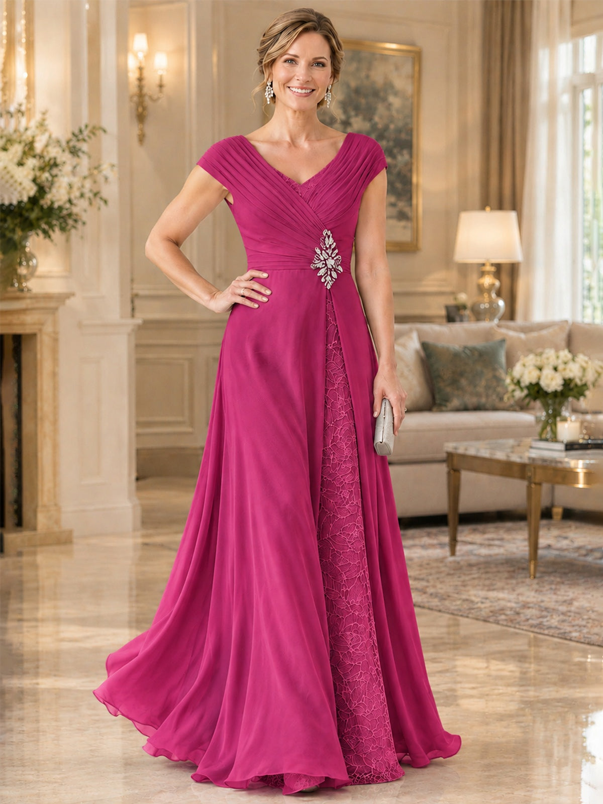 Pleated Chiffon Lace Mother of The Bride Dresses with Beading Cap Sleeves