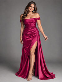 Off Shoulder Satin Maxi Dress with Slit