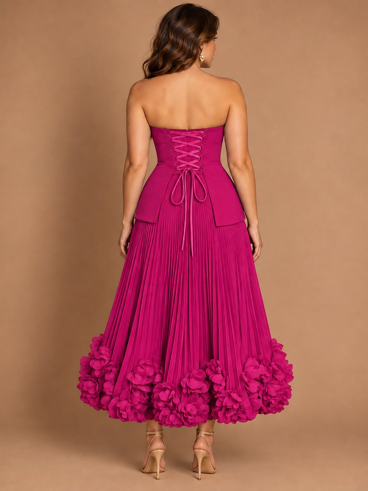 Navy Blue Strapless Pleated A-Line Midi Dress with 3D Floral Applique