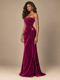 Burgundy Velvet Strapless Ruched Prom Dress with Jeweled Side Drape