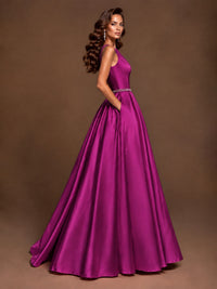 Satin A-Line Prom Dress Sleeveless Beaded Waist Formal Gown with Pockets