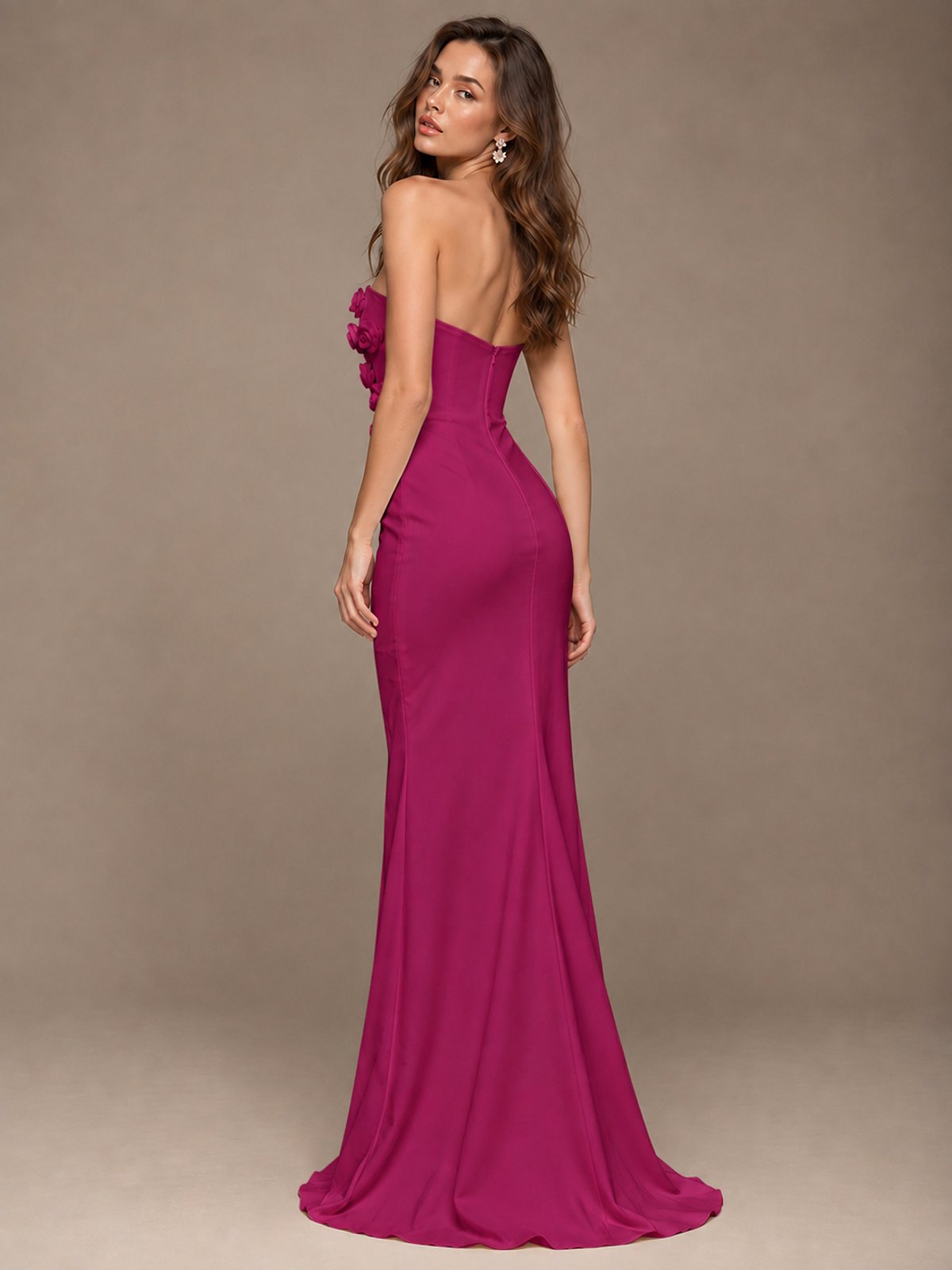 White Strapless Mermaid Maxi Dress with 3D Floral Appliques