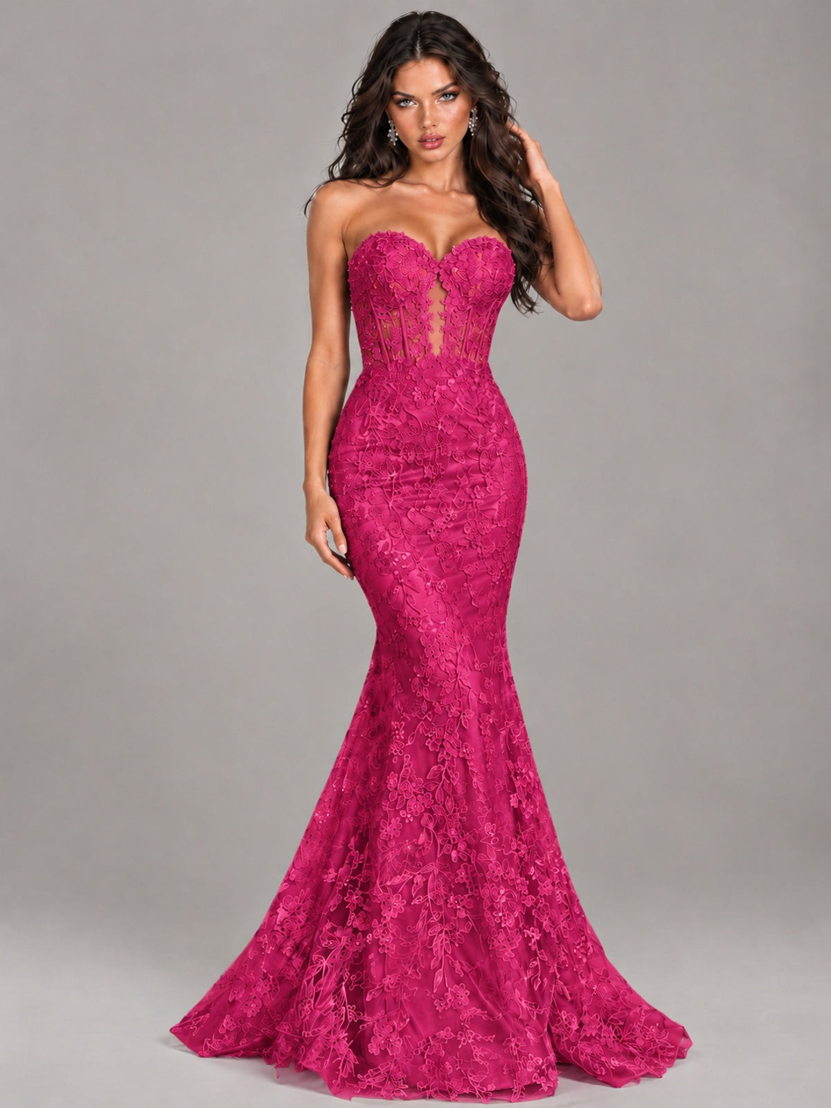 Strapless Corset Mermaid Prom Dress Lace Appliqué Formal Gown