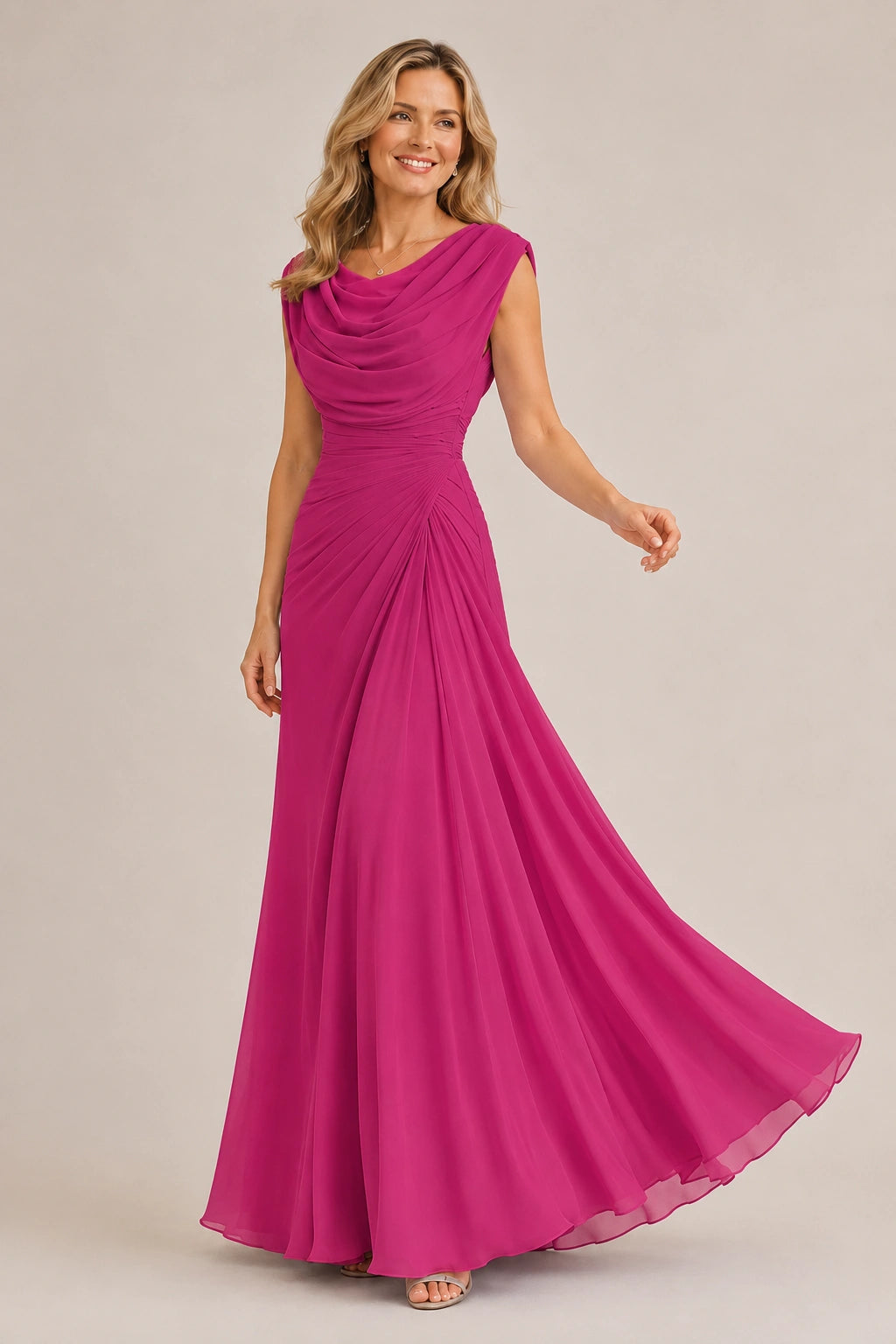 Cowl Neck Ruched Chiffon Mother of the Bride Dress