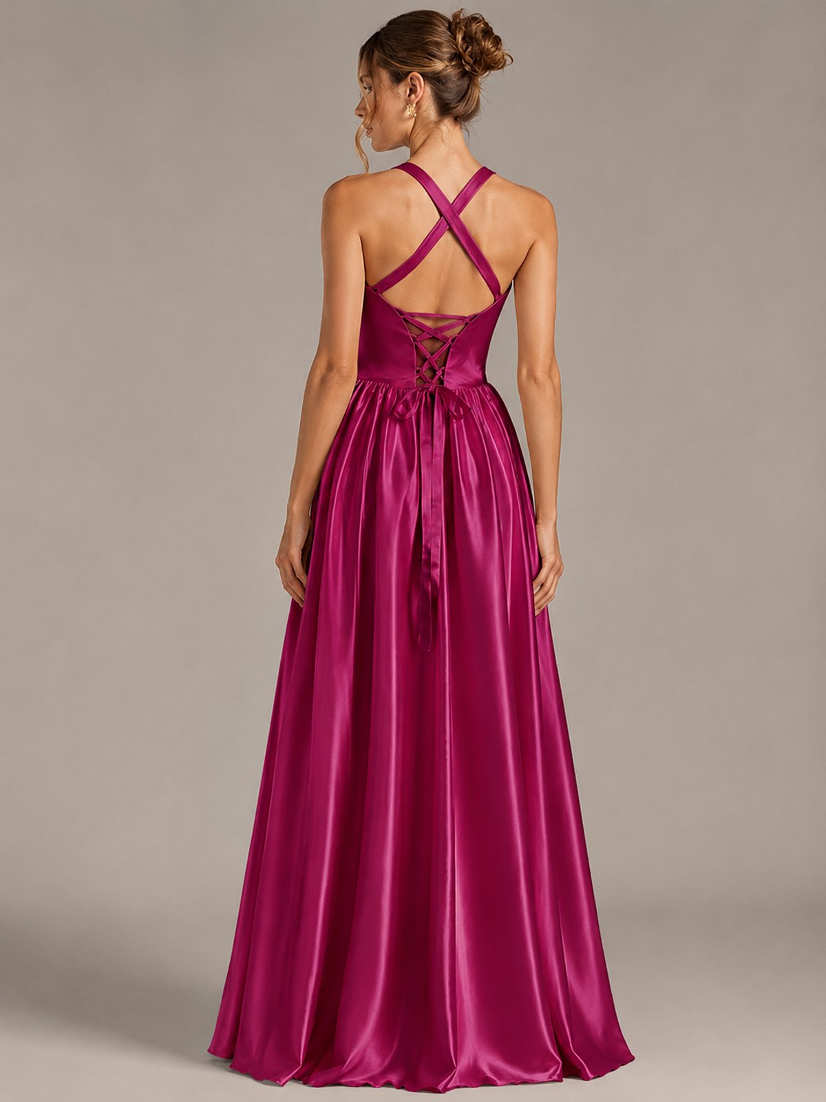 Light Yellow Halter Neck Satin A-Line Maxi Dress with Pockets