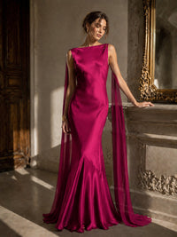 Burgundy Satin Mermaid Cape Maxi Dress