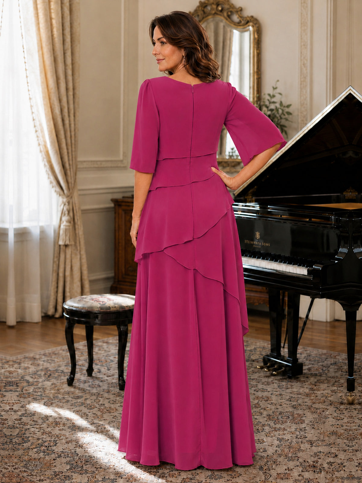 Asymmetric Draped Chiffon Mother of the Bride Dress with Flutter Sleeves