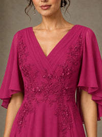 V-Neck Chiffon Lace Mother of the Bride Dress with Flutter Sleeves