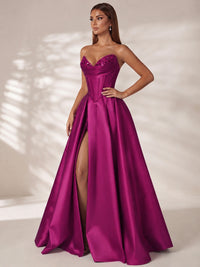 Strapless Corset Satin Prom Dress Long Evening Gown with High Slit