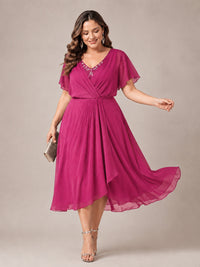 Navy Blue A-Line V-Neck Tea-Length Mother of the Bride Dress