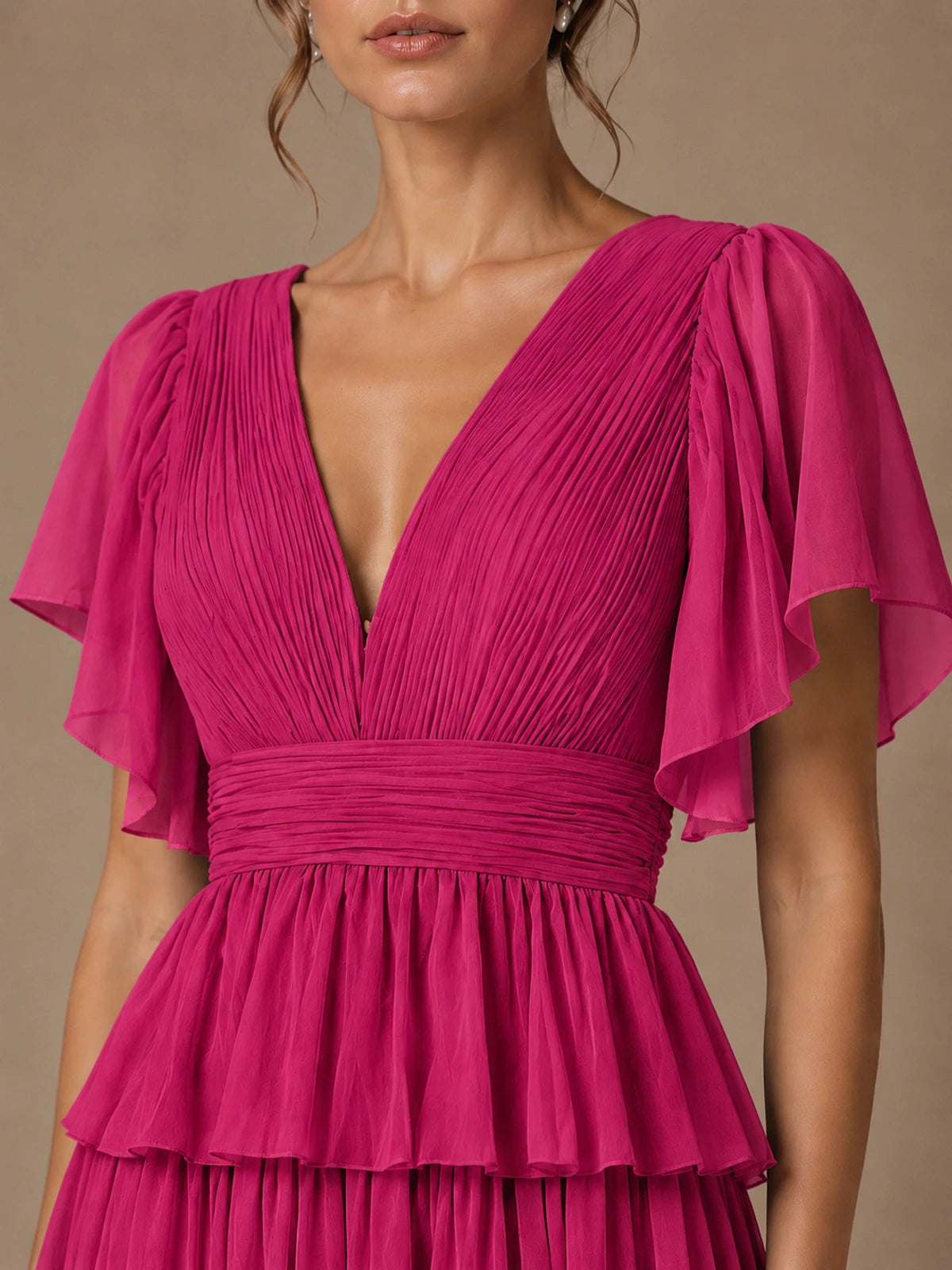 Chiffon V-Neck Tiered Ruffle Bridesmaid Dress with Slit