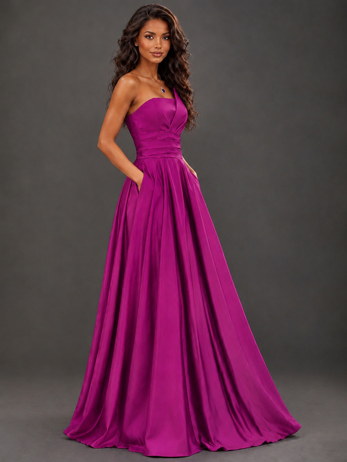 Draped Satin Prom Dress Strapless A-line Formal Dress Floor Length