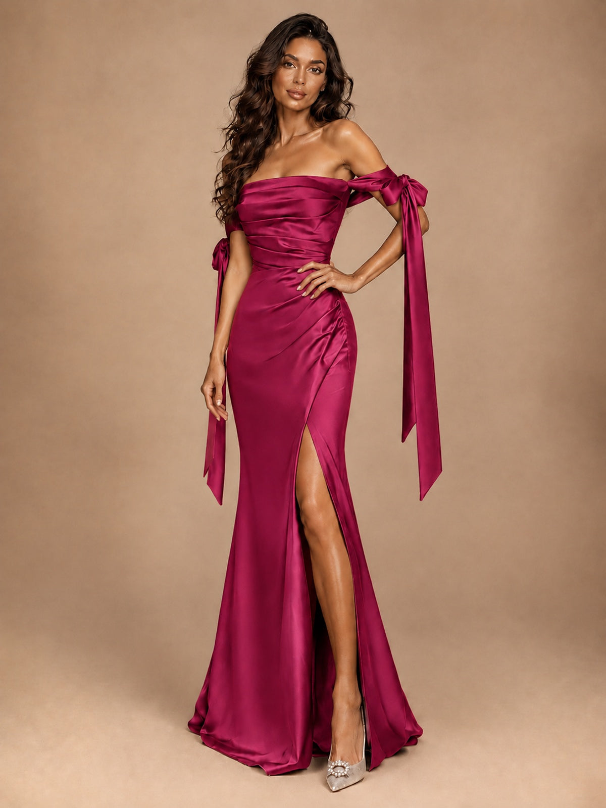 Off The Shuolder Satin Prom Dress Slit Mermaid Formal Gowns