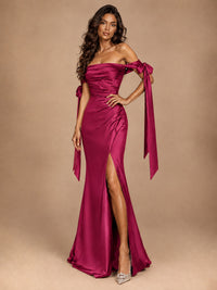 Off The Shuolder Satin Prom Dress Slit Mermaid Formal Gowns
