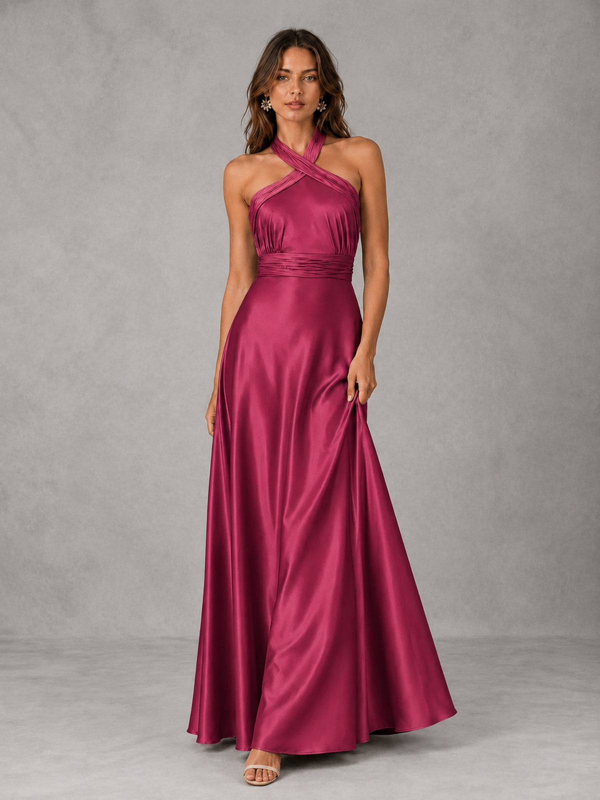 Sage Green Satin A-Line Bridesmaid Dress with Halter Neck