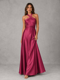 Sage Green Satin A-Line Bridesmaid Dress with Halter Neck