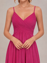 V-Neck Pleated Chiffon Long Bridesmaid Dress with Slit