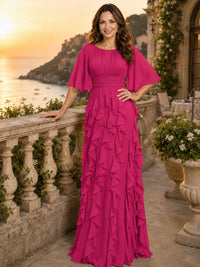 Elegant Chiffon Mother of the Bride Dress with Flutter Sleeves and Ruffle Skirt