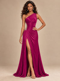 Burgundy One Shoulder Ruched Prom Dress with High Slit & Beaded Waist