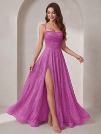 Sparkly Cowl Neck Corset Long Prom Dress with Slit A-line Tulle Ball Gown