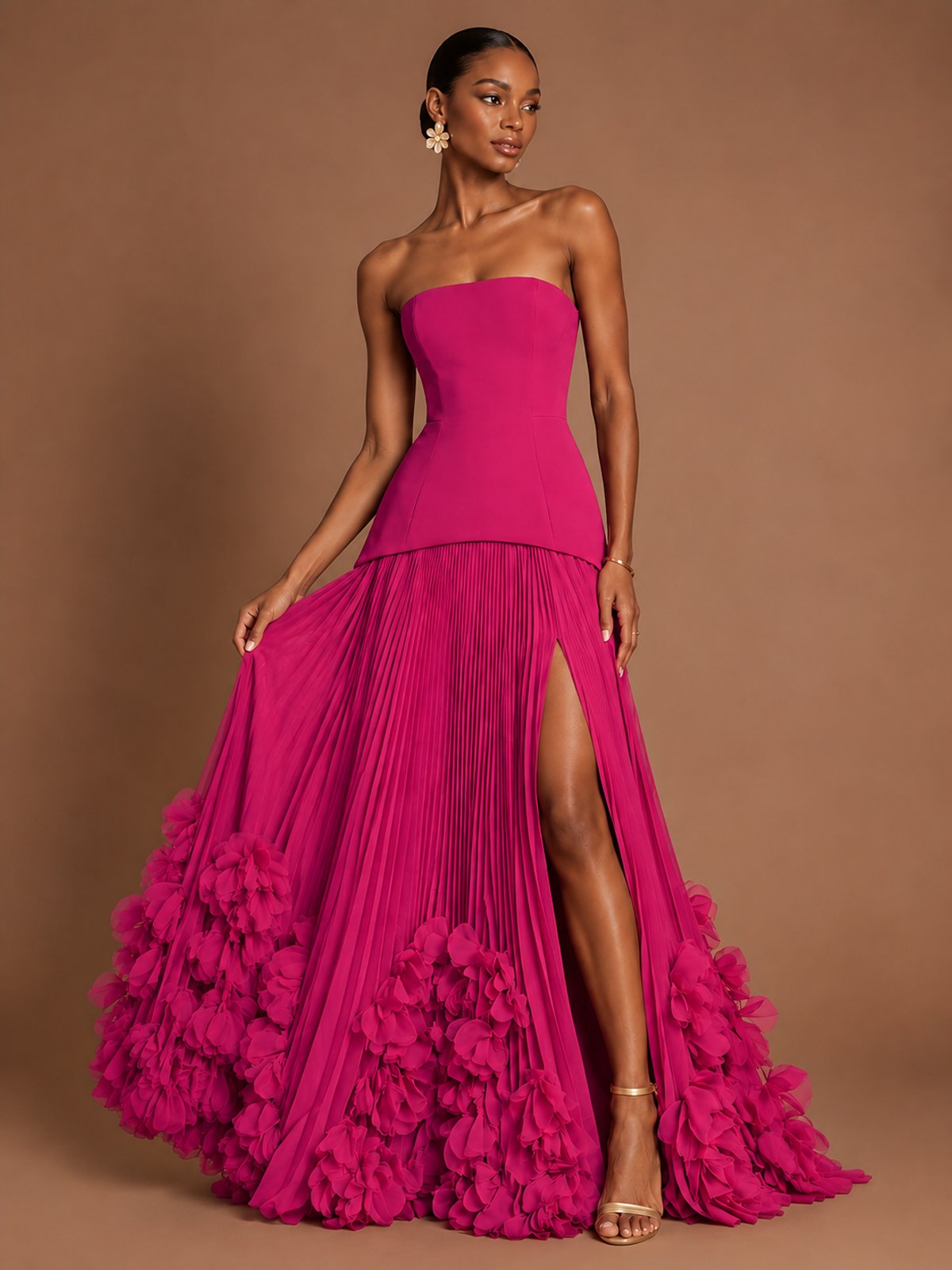 Strapless Pleated Floral Satin Formal Dress with Side Slit