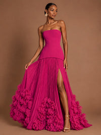 Strapless Pleated Floral Satin Formal Dress with Side Slit