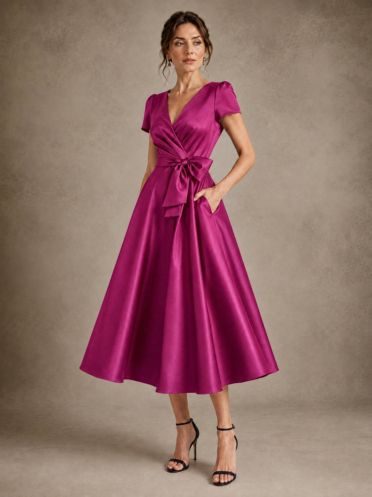V-Neck Tea-Length Satin Mother of the Bride Dress with Bow