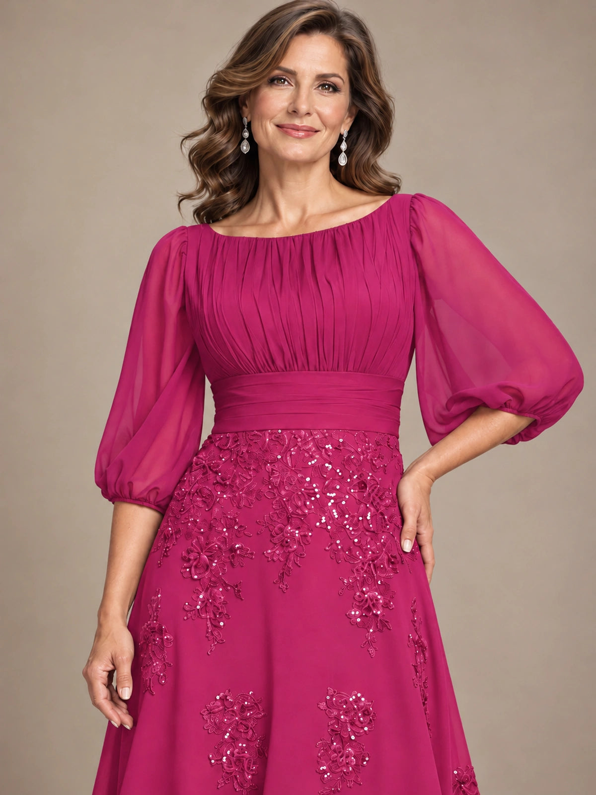 A-Line Mother of the Bride Dress with Sheer Puff Sleeves