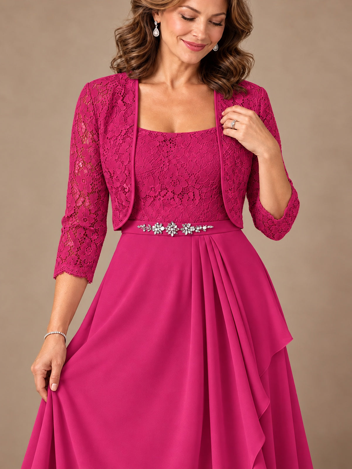 Blush Pink A-Line Mother of the Bride Dress with Lace Jacket and Ruffles