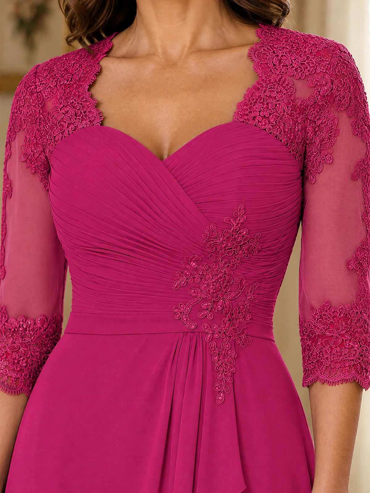 Chiffon Lace Applique Mother of the Bride Dress with 3/4 Sleeves