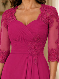 Chiffon Lace Applique Mother of the Bride Dress with 3/4 Sleeves