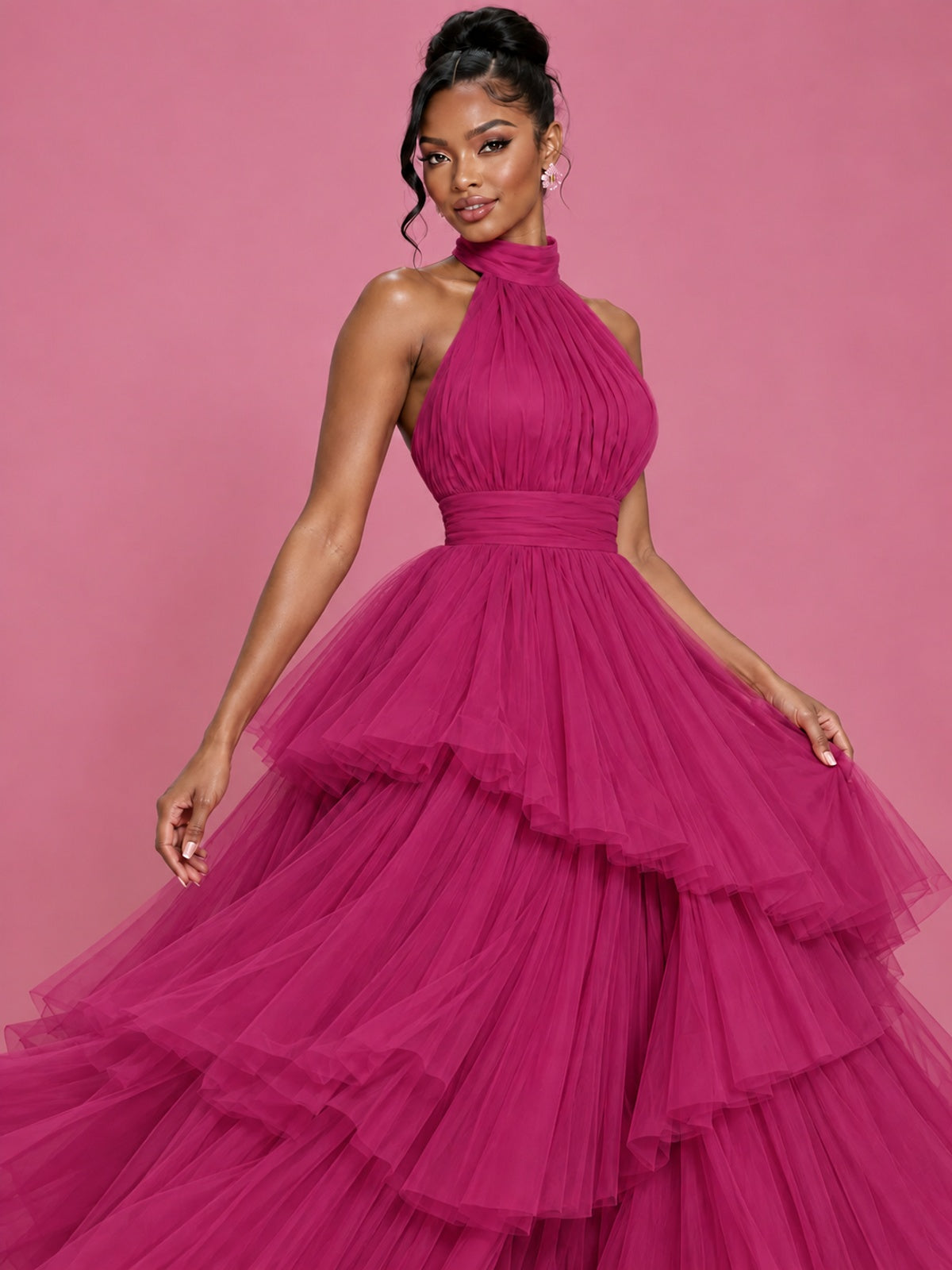 Hot Pink Tulle Halter Neck Tiered Ruffle Maxi Dress