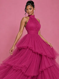 Hot Pink Tulle Halter Neck Tiered Ruffle Maxi Dress