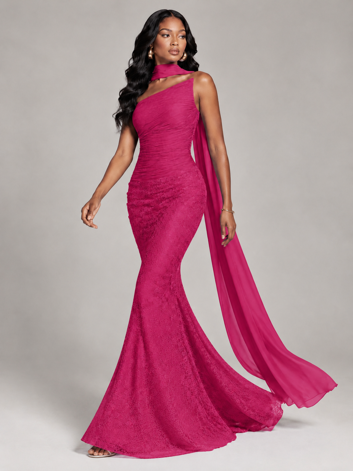 Pleated Chiffon Lace Prom Dresses Long Bodycon Mermaid with Scarf