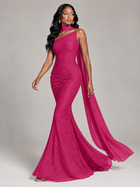 Pleated Chiffon Lace Prom Dresses Long Bodycon Mermaid with Scarf