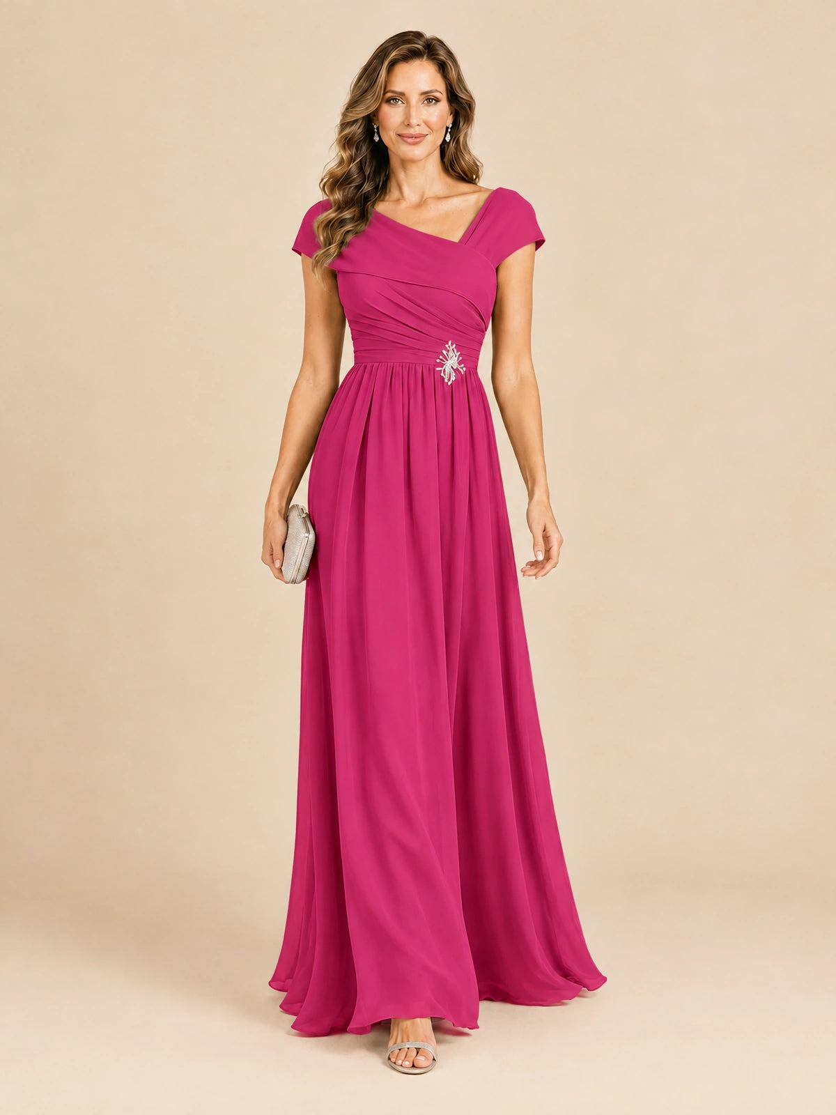 Cap Sleeve Mother of The Bride Dresses Long Chiffon Formal Gowns