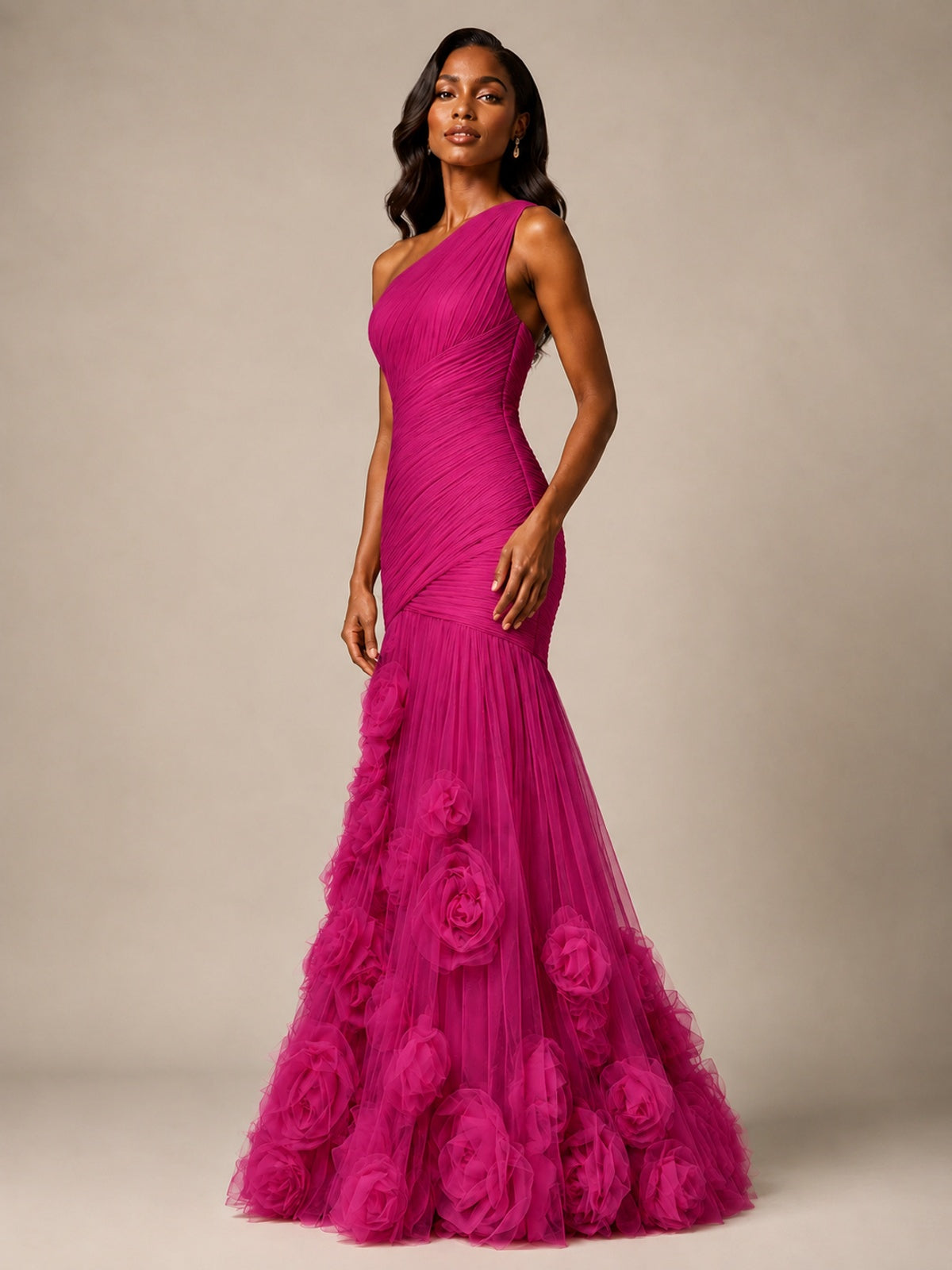 Blush Pink One Shoulder 3D Floral Mermaid Prom Dress