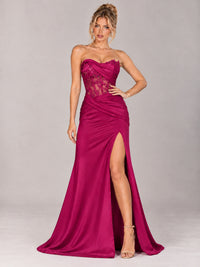 Strapless Satin Prom Dress with Sheer Lace Corset & High Slit