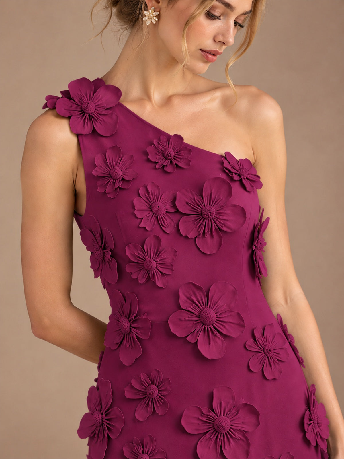 Sage Green One Shoulder Satin Formal Maxi Dress with 3D Floral