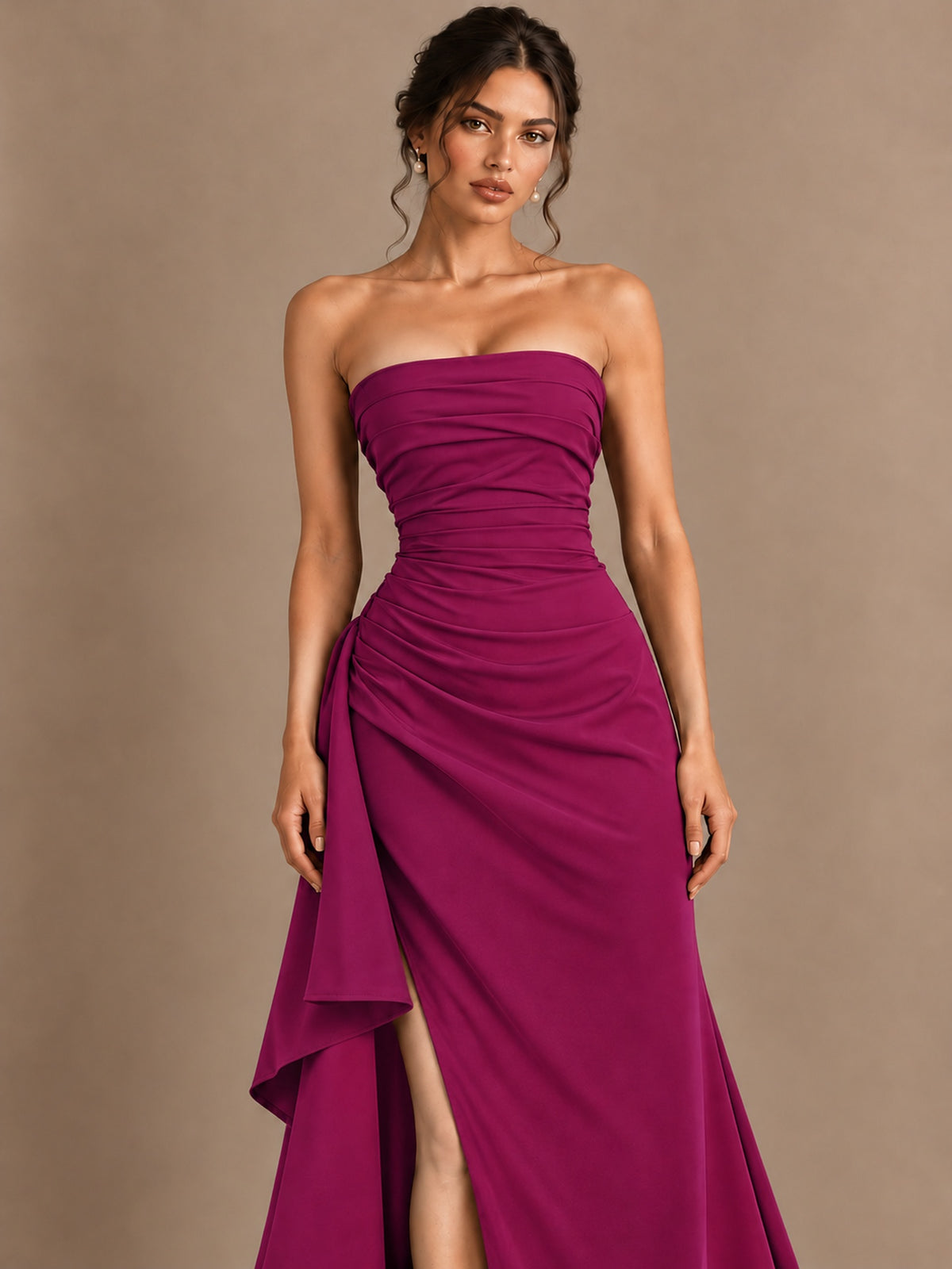 Black and White Strapless Ruched Prom Dress with High Slit & Side Drape
