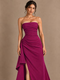 Black and White Strapless Ruched Prom Dress with High Slit & Side Drape